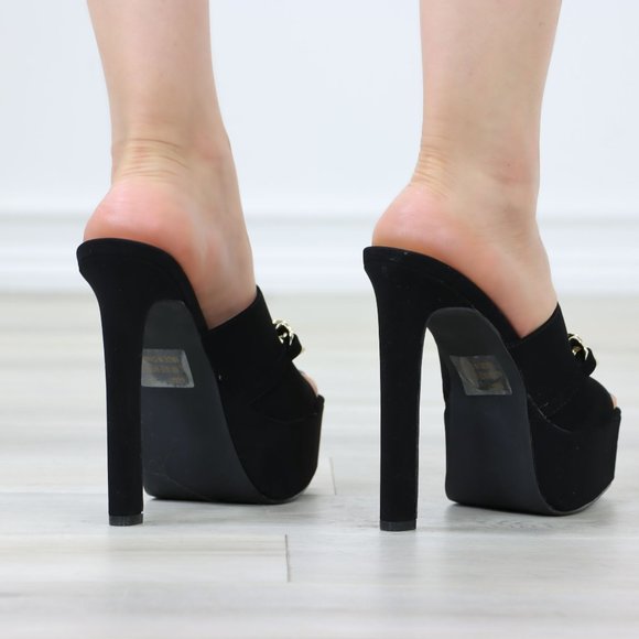 Black Faux Velvet Open Toe Slip On Platform Heels Gold Tone Chain Detailing - Picture 6 of 12